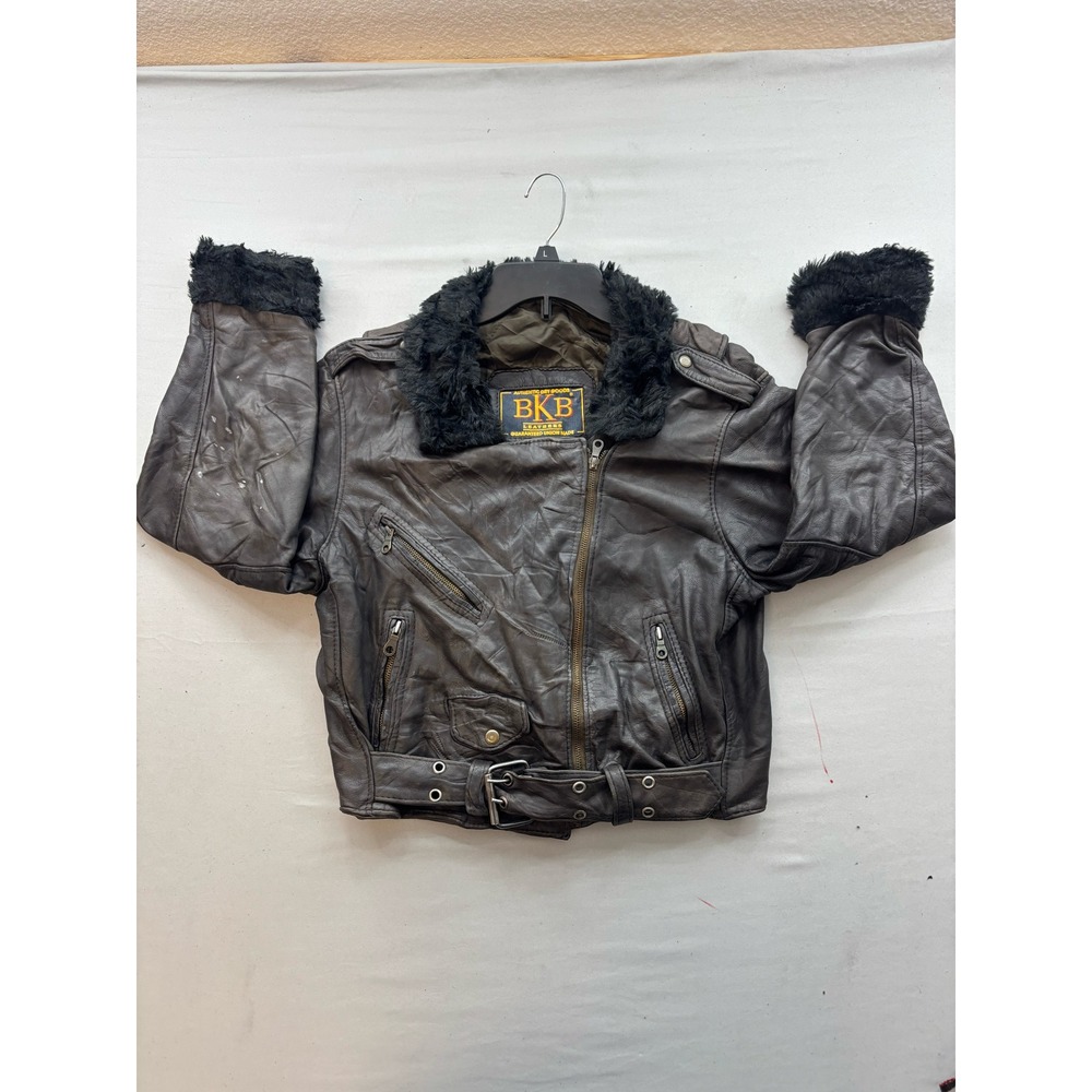 Vintage BKB Leathers Brown Leather Motorcycle Jacket Faux Fur Trim Mens Large